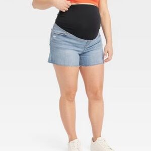 Maternity Denim Shorts Over Belly Panel Stretch Blue Jean Shorts